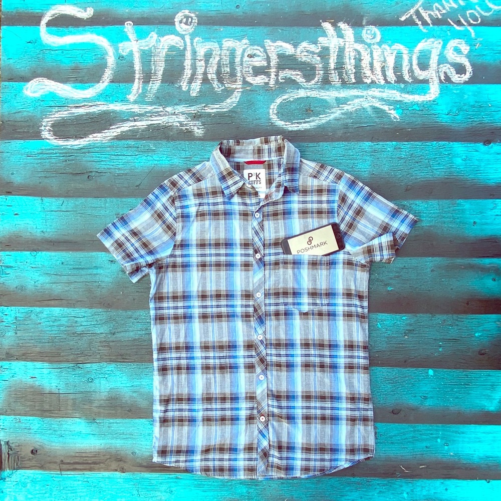 PK cuff button down blue casual shirt